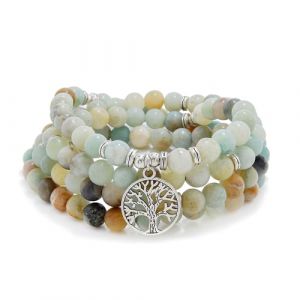 Collier de perles Mala de 8 mm, 108, bracelet de m&eacute;ditation avec breloque arbre de vie (Amazonite) (Self-Discovery Jewelry, neuf)
