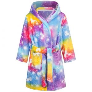 Baogaier Enfants Peignoir de Bain Filles à Capuche Robe de Chambre Doux Pyjamas Vêtements de Nuit Adolescent Cheval Arc-en-ciel Imprimé Animal Polaire avoir Ceinture et Poche Tout-petits 6 7 Ans (Baogaier, neuf)