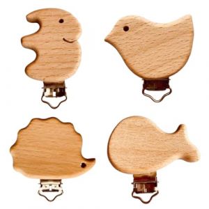 OUDQFCJ 4 Pcs Clips en Bois pour Tétine Bébé - Animaux en Métal et Bois Naturel - Accessoires pour Attache-Tétine (Mapico, neuf)