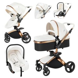 Magic ZC 360° Rotative Cuir PU Poussette 3 en 1, Pousette Trio Portable Pliable en Un Clic, Poussette Combinée avec Réversible Bidirectionnelle, Pousette Bebe avec Accessoires (906 White) (Magic ZC Brand Store, neuf)