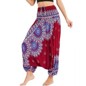 Nuofengkudu Femme Hippie Sarouel Combinaison Pantalon Bretelles Jumpsuit Taille Haute Large Boheme Fleuri Imprimé Leger Grande Thai Yoga Pants Homewear Coloré Ete Plage TY Fleur Rouge (better Life, neuf)