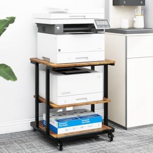 PUNCIA Support Imprimante &agrave; 3 Niveaux Meuble de Rangement 60x50x68CM Table de Chevet avec roulettes Caisson Bureau de Rangement Organisateur de Stockage Charge de 90KG pour Bureau &agrave; Domicile (Marron) (Puncia-Euro, neuf)