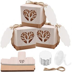VEGCOO 50PCS Bo&icirc;tes &agrave; Drag&eacute;es Bapt&ecirc;me en Forme de Arbre de Vie, Boite Communion, Bo&icirc;te Cadeau Mariage, Coffret Bonbons Bapt&ecirc;me avec Corde(Forme de C&oelig;ur) (HappyChaoUK, neuf)