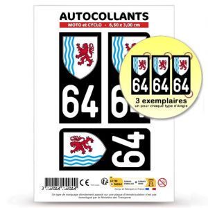 Autocollant Plaque Immatriculation 3 Stickers d&eacute;partement 64 Pyr&eacute;n&eacute;es-Atlantiques - Nouvelle-Aquitaine en Version Fond Noir : Moto et Cyclo - 6,5 x 3 cm (blasonimmat, neuf)