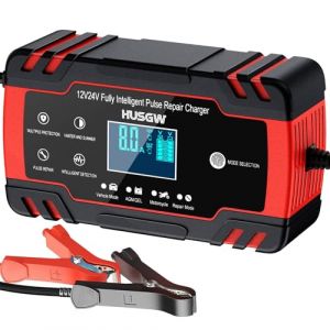 Husgw Chargeur Batterie Voitures 12V/24V 8A, Chargeur de Batterie Intelligent Moto avec Fonction Réparation, Maintien de Charge Auto, Écran LCD, pour Voiture Moto Camion, AGM, Gel, Wet, SLA (8-100 AH) (JB Trader SIA, neuf)