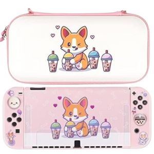 BelugaDesign Corgi Boba OLED Bundle | Carry Case Soft Cover Thumb Grips Kit | Cute Anime Bubble Tea Kawaii Dog Pink Pastel Travel Accessories for Girls Women | Compatible avec Nintendo Switch OLE (Beluga Design, neuf)