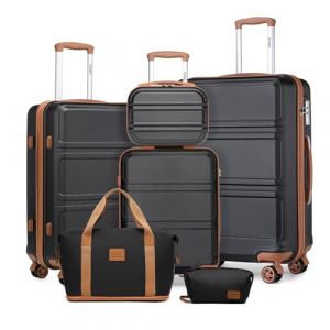 Kono Set de 6 Valises de Voyage Rigide Ensemble de Valise (55/65/74cm) &agrave; 4 roulettes avec Portable Vanity Case et Pliable Sac de Voyage pour Sport avec Trousse de Maquillage, Noir/Marron (Halterner Technologie GmbH, neuf)