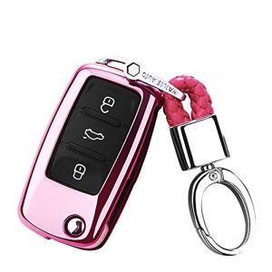 Happyit TPU Doux Cas de Couverture de Clé de Voiture avec Porte-clés pour VW Volkswagen Skoda Golf7 Polo Tiguan Passat Jetta MK4 MK5 MK6 Coccinelle (Rose) (Happyit66, neuf)