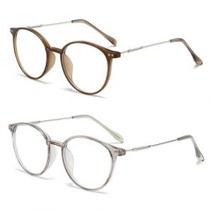 YUVKIN Lot de 2 Lunettes Anti-Lumi&egrave;re Bleue, Rondes pour PC et Gaming, Lunettes M&eacute;talliques R&eacute;tro et Tendance Sans Correction pour Femmes et Hommes (Marron + Argent) (HerEdit, neuf)