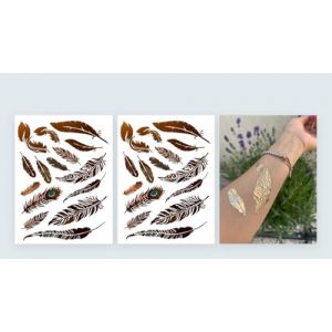 2 feuilles de tatouage avec plume, or et argent, tatouage m&eacute;tallis&eacute;, plumes, YS51 x 2 (Beyond Perfection, neuf)
