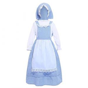 Lito Angels Deguisement Costume de Village M&eacute;di&eacute;val Colonial Robe Vichy Bleu avec Tablier Blanc et Bonnet pour Enfant Fille Taille 6-8 ans (&eacute;tiquette en tissu 0S) (Lito Angels FR, neuf)