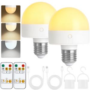 Psatfito Ampoule rechargeable avec minuterie et t&eacute;l&eacute;commande, ampoules &agrave; piles &agrave; intensit&eacute; variable avec base magn&eacute;tique, ampoule LED E14 amovible, lampes non c&acirc;bl&eacute;es avec 3 (3colour, E27-2PC) (yaendianshang, neuf)