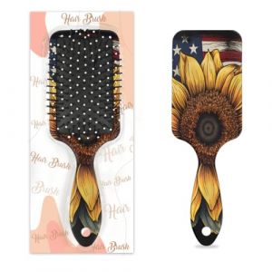 Peigne de massage antistatique avec coussin d'air - Brosse à cheveux - Drapeau américain rétro - Imprimé tournesol - Brosse de massage carrée pour femme et fille (OSAM SPACE, neuf)