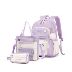 Tanou Cartable Fille Primaire, Ensemble de Sac d Ecole Fille College avec Sac &agrave; Bandouli&egrave;re et Trousse &agrave; Crayons, Sac &agrave; Dos D&eacute;contract&eacute; pour Adolescent Filles, Violet (Tanou Bagages, neuf)