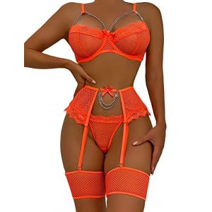 Aranmei Sexy Femme Ensemble Lingerie Jarreti&egrave;re avec Porte Jarretelles Dentelle Soutien-Gorge et Culotte Ensemble,Orange,XL (Aranmei Direct, neuf)