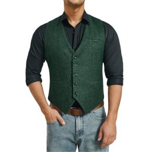 HISDERN Hommes Formelle Tweed Gilets Mariage Laine Gilet Chevron Gilets Sans Manche Casual de Fete Robe Costume Gilet pour Homme Vert XS (QIWEIEUR, neuf)