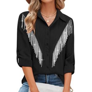 MYMORE Chemise boutonnée avec Franges à Strass et Manches 3/4 pour Femme, pour Tenue de Cowgirl, Concert Nashville, Western, A_Noir., Taille M (YONGZHUFFF, neuf)