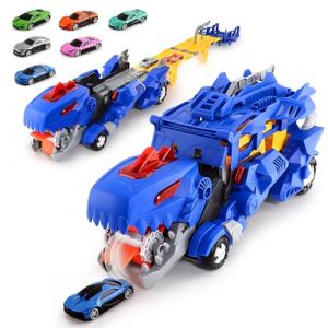 Vattikam Jouet de Camion Dinosaure - Transporteur Voitures Portable avec Piste de Course &Eacute;jectable et 6 Voitures de Vourse, Camion de Course Cadeaux Jouets pour Enfants Gar&ccedil;ons de 3+ Ans (Vattikam Direct, neuf)