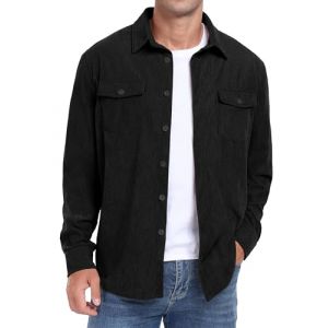 QIXING Chemise boutonnée en velours côtelé à manches longues pour homme - Veste de camionneur d'automne et d'hiver avec poches à rabat, Noir , XL (shangguanguk, neuf)