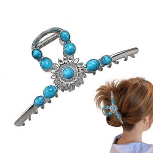 Pince &agrave; griffes en pierre bleue - Pinces &agrave; cheveux en m&eacute;tal - &Eacute;paisse - &Eacute;pingle &agrave; cheveux en pierre pr&eacute;cieuse avec motif floral - Accessoires de cheveux r&eacute;tro - Pince &agrave; ongles antid&eacute;rapante - Tendance (ruixjz, neuf)