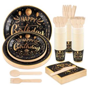 Anstore Assiette Anniversaire, 200 Assiettes en Carton R&eacute;utilisables, Vaisselle de F&ecirc;te en Papier Noir et Or avec Cuill&egrave;re Fourchette Couteau Gobelet Serviettes pour 25 Invit&eacute;s Pour F&ecirc;te,Mariage,No&euml;l (JieSD Shop, neuf)