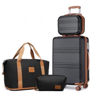 Kono Set de 4 Valises de Voyage Rigide Bagage Cabine 55cm avec Portable Vanity Case et Pliable Sac de Voyage pour Sport avec Trousse de Maquillage, Noir/Marron (DL-accessories, neuf)