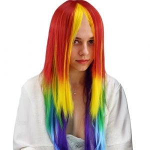 Wig arc-en-ciel, perruque de cosplay, longue casquette de cheveux raide, cheveux arc-en-ciel avec queue cheval 27, 5, anime cosplay synthétique raide (nizuizhengqipianpian, neuf)