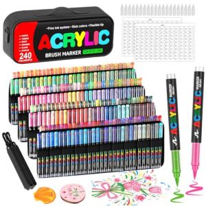 Gunsamg 240 Couleurs Feutre Acrylique, Marqueur Peinture Acrylic avec Sac en Tissu R&eacute;utilisable et Carte de Couleurs, Paint Markers pour Coloriage Adulte, Coloriage Myst&egrave;re(240Markers+1Bag) (GangGuan, neuf)