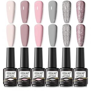 ROSALIND 15ml Vernis Semi Permanent Gris Nude Rose Paillettes Argent Vernis à Ongles, 6 Couleurs Gel Soak off pour UV LED, Nail Art Kit Vernis Semi Permanent Pastel Gel Nail Polish (ROSALIND Store, neuf)