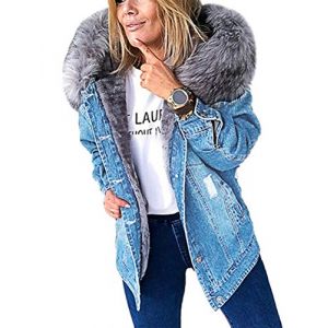 Minetom Femme Parka Capuche Fourrure Manteau Veste En Jean Hiver Chaud Slim Bouton Veste Col Capuche Fourrure Fausse Denim Manteaux A Bleu Clair L (B.W.S KIT, neuf)