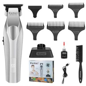 KEMEI 3023-702 Tondeuse barbe homme 9000 tr/min z&eacute;ro gapped pour barbier avec corps enti&egrave;rement en m&eacute;tal, tondeuse &agrave; cheveux professionnelle avec &eacute;cran LED, lames en c&eacute;ramique et DLC (Kemei Professional Clippers, neuf)
