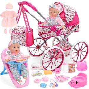 deAO Ensemble de Jeu de poup&eacute;e avec Accessoires de poup&eacute;e, Poussette, Chaise Haute, Ensemble d'alimentation, v&ecirc;tements, Sac de Rangement, kit de Jeu de r&ocirc;le, Cadeau pour Filles de 3 Ans et Plus (1 (MEGOSS, neuf)
