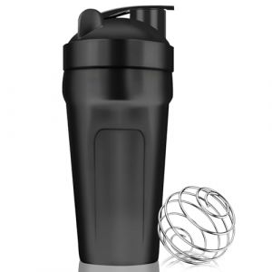 ROCKY&CHAO Shaker Shaker Shaker à protéines, 900 ml, en acier inoxydable, avec boule, pour le sport, le fitness, le régime et les shakes de fitness (avec couvercle à clipser, noir) (Myriad Choices, neuf)