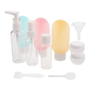 POPETPOP Kit de 11 Flacons de Voyage Transparents en Plastique Rechargeables et &Eacute;tanches Ensemble Complet pour Lotions Shampooings et Soins Peau pour Avion Camping et Voyages (Denneyas, neuf)