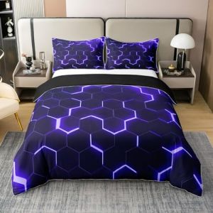 Housse de Couette Géométrique Nid d'abeille Violet, Housse Couette 240x260 en 100% Coton Hexagonal, Ensemble de Literie Géométrique À Lumières Néon, Parure de Lit Moderne d'art Abstrait (Suzhou yiyanyun e-commerce Co., Ltd, neuf)