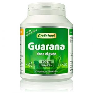 Greenfood Guarana, 500 mg, dose élevée, pur, 120 gélules, végan. Contient de la caféine naturelle, l'équivalent d'une tasse de café. Sans additifs artificiels. Capsules végétaliennes. (Greenfood Natural Products, neuf)