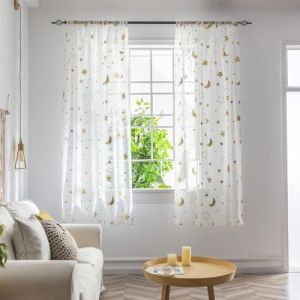 BOYOUTH Lot de 2 panneaux de voilage transparents &agrave; motif &eacute;toiles et lune pour d&eacute;coration de fen&ecirc;tre, rideaux avec passe-tringle pour chambre &agrave; coucher, bureau, salon, dor&eacute;, 99 x 248 cm (boyouth, neuf)