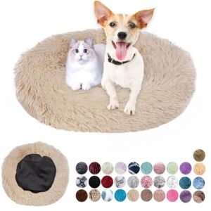Panier Rond pour Chien Lit pour Chien Tissu Peluche Doux Panier Chien Coussin pour Chat Lavable Anti Dérapant Coussin Apaisant pour Chat Petit Moyen Taille Beige 50cm (Mr Wu's shop, neuf)