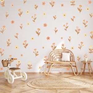 Wally Fox Stickers Muraux Enfants Fleurs– Autocollants Décoratifs - Non Toxique, Sûr, de Haute Qualité – Déco Chambre Enfant - Fleurs - marron, jaune, orange, 61pcs (Mini Dekor, neuf)
