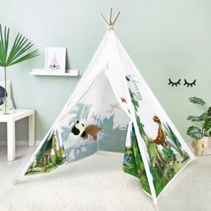 Tipi Enfant avec Tiges en Pin & Stabilisateur en Bois & Motif Mignon, Tente Tipi pour Garçon et Fille, Enfant Interieur Extérieur, Tente de Jeu Chambre d'enfant Dinosaures (Decalsweet, neuf)