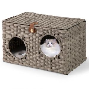 COSTWAY Niche Chat Pliable en Rotin PE, Maison pour Chat Interieur, Coussin Amovible, Couvercle Verrouillable, 2 Entr&eacute;es, Pied Antid&eacute;rapant, Meuble Chaton pour Salon Chambre, 60 x 35 x 35 cm (FDS GmbH, neuf)