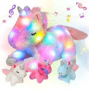 Hopearl Licorne Maman Musicale Peluche Lumineuse LED Qui Chante avec 3 Bébés Licornes dans Son Ventre Veilleuse Animée Apaisante - Cadeau Fête des Mères Filles, Arc-en-Ciel, 48cm (yangzhouhaopuwanjulipinyouxiangongsi, neuf)