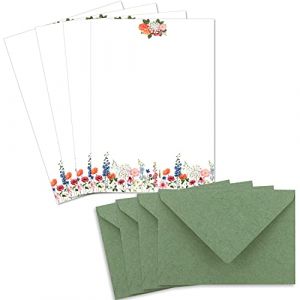 Lot de 200 feuilles de papier &agrave; lettres naturel A5 cr&egrave;me avec prairie florale et enveloppes C6 vertes Papier imprimable pour invitations de mariage (Gl&uuml;xx-Agent GmbH, neuf)