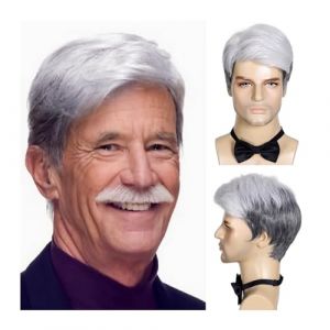 Natural Looking Hairpiece for Men, Costume d'Halloween cheveux seniors hommes argent blanc perruque synthétique gris perruques for vieil homme toupets masculins, Invisible & Breathable Hair Toupee Fo (WangCaiXia SHOP, neuf)
