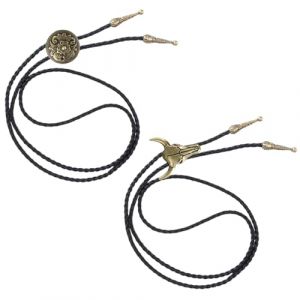 Amexo Cravate Bolo en Cuir, 2 Pi&egrave;ces Cowboy Occidental Cravate R&eacute;glable Collier de Cr&acirc;ne de Vache, Collier Bolo en Cuir Accessoires de Costume Bolo Tie pour Homme Femme (B) (Amoxike, neuf)