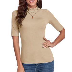 WOWENY Pull &eacute;l&eacute;gant &agrave; manches courtes pour femme - T-shirt &agrave; manches courtes - T-shirt avec col montant &eacute;lastique - Col roul&eacute; - Coton basique - Chemisier, XL (EU Creative Fashion, neuf)