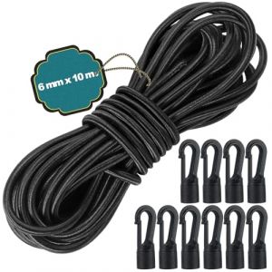 6 mm x 10 m Tendeur Elastique, Corde Élastique Noir avec 10 Crochets en Plastique, Sandow Elastique en Latex Solide et Durable pour Bâche de Remorque, Bateau, Camping, Tente, Sac à Dos (6 mm x 10 m) (TaiXIN, neuf)