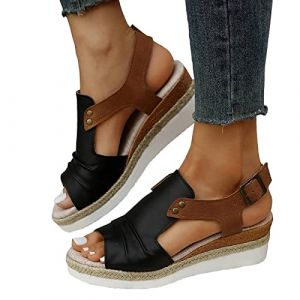 Sandales compensées en cuir pour femme Bout ouvert Sangle de cheville décontracté Pour l'été et la plage Chaussures de marche confortables Orthopedique Antidérapantes Bohême Bout Ouvert (A-Navy, 40) (WUFEIyan, neuf)