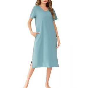 Wikoan Chemise de Nuit Longue Chemises de Nuit en Coton pour Femme Robe de Nuit &agrave; Manches Courtes Col V Chemise de Nuit avec Poches Vert Clair 3XL (Wikoan Direct, neuf)