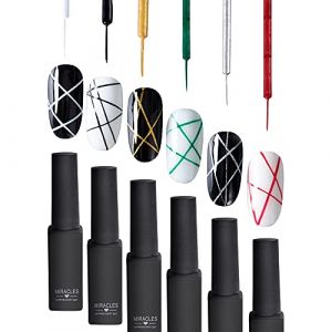 6x Gel Vernis &agrave; Ongles Doublure UV LED pour Peinture des Ongles Set pour 3D Nail Art DIY Nail Design Pull Line Pen Dessin &agrave; Ongles, Vernis &agrave; Ongles Kit pour Salon, Noir/Blanc/Rouge/Vert/Or/Argent (Joligel, neuf)